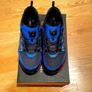 Merrell trail running shoes. Boa closure system. Blue/black/red. Size 9.